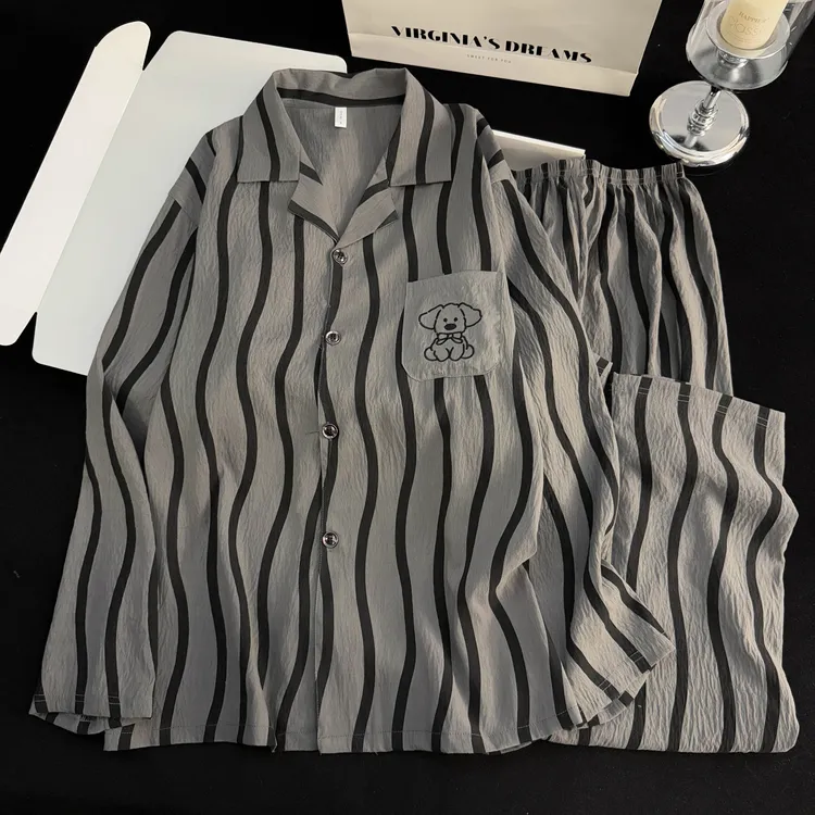 灰条纹狗云朵棉睡衣秋冬季男款爆款2025新款家居服长袖长裤套装