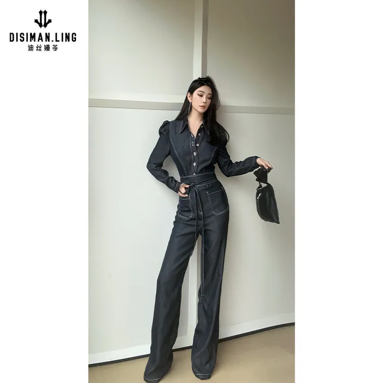 迪丝嫚苓蓝色牛仔连体裤气质长袖时尚休闲显瘦高腰原创小众设计感