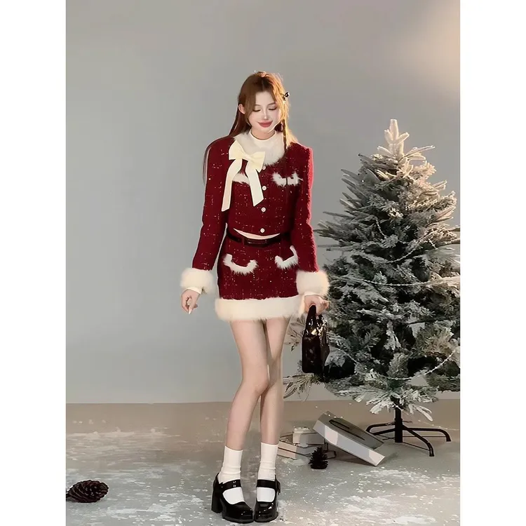 2024圣诞告白夜热卖爆款格纹小香风套装女秋冬夹棉短外套半身裙子