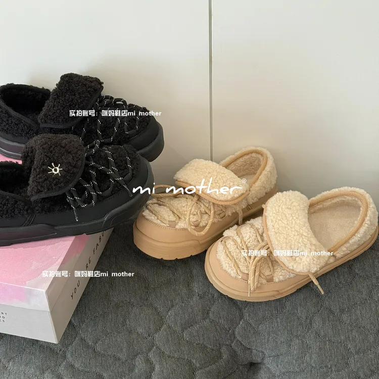 mi mother“绑带棉鞋”加厚 全包 加绒保暖棉鞋 雪地靴短筒厚底