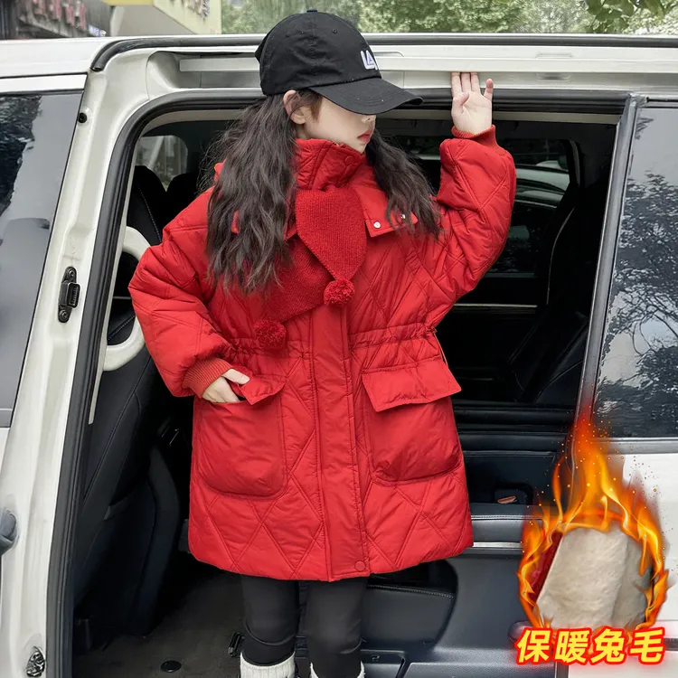 女童冬季加绒加厚棉服外套女大童冬装中长款棉袄儿童新年红色棉衣