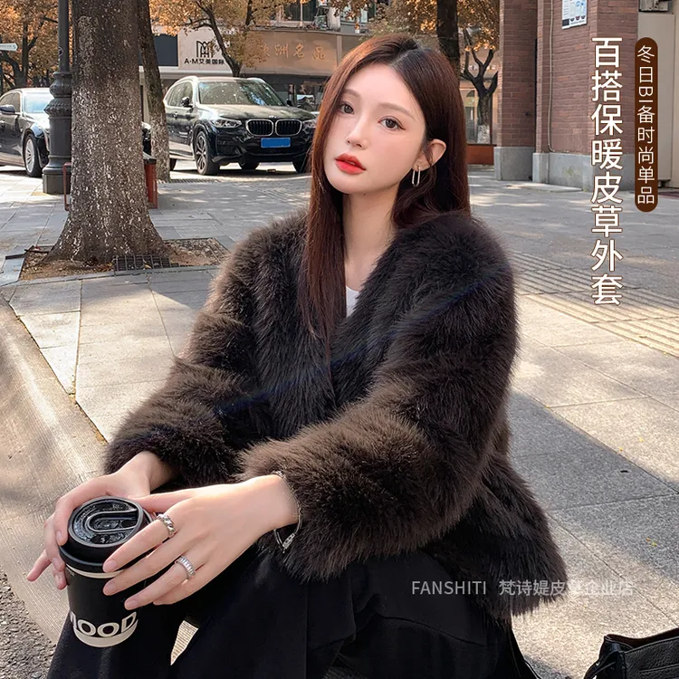 2025冬新款仿狐狸毛环保皮草外套女短款时尚百搭皮毛一体毛毛大衣