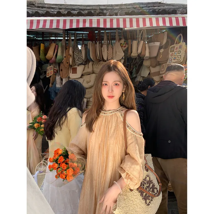 陳文文xenl【诗笺画意】夏季波西米亚露肩挂脖显瘦气质连衣裙L9928