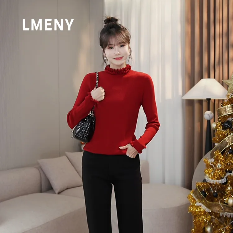 LMENY“小花旦”超细绵羊毛！双层木耳边针织内搭毛衣25DM045