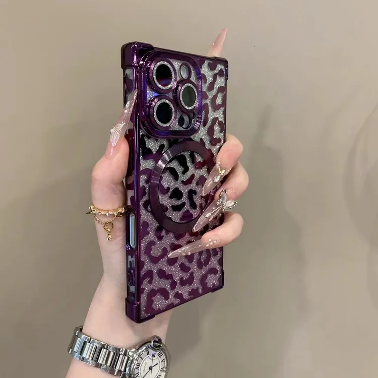 新款四角防摔闪粉豹纹适用iPhone16promax手机壳15pro时尚14软13