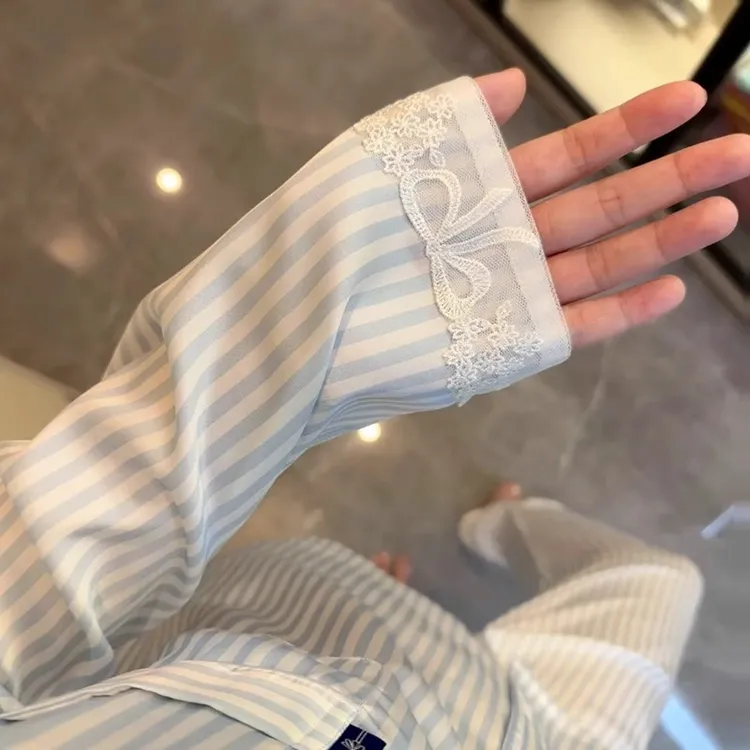 条纹2025新款冰丝长袖睡衣女春秋季大码高级感蕾丝花边夏天家居服