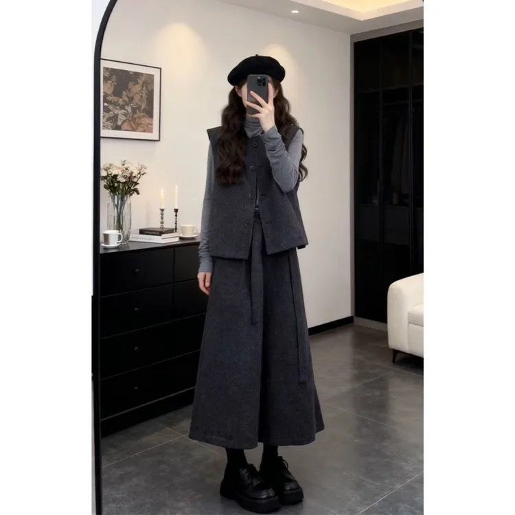 大码洋气复古高级感套装女秋冬韩版马甲胖MM遮肉显瘦阔腿裤三件套