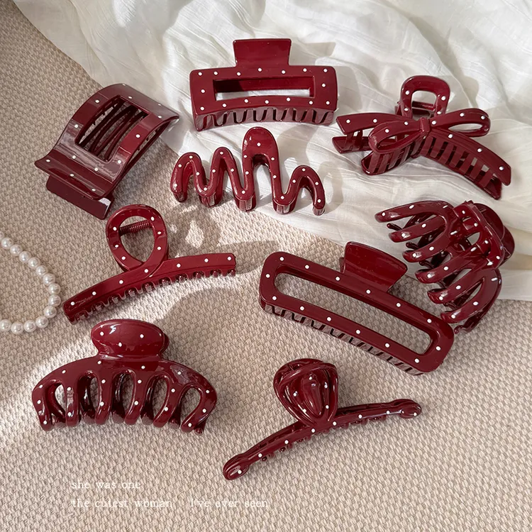新年红色系波点蝴蝶结抓夹女高级感2026新款发夹大号鲨鱼夹发卡