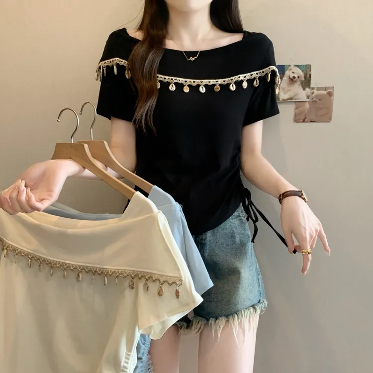 大码胖MM2025新款法式流苏设计感短袖T恤女气质甜美修身夏季上衣