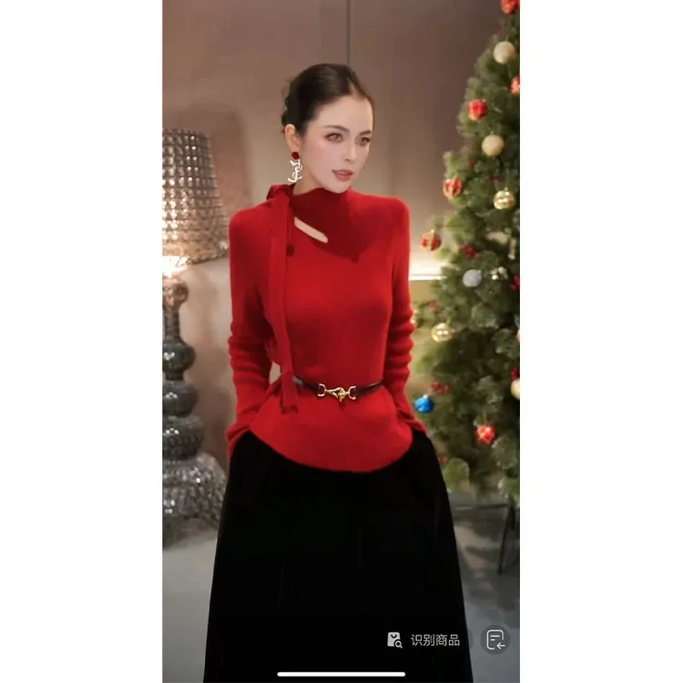 设计感新款气质氛围感系带圆领飘带镂空拼接针织长袖上衣K2-67