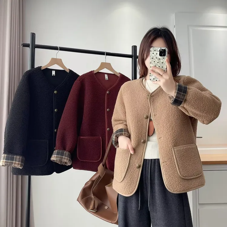 100-200斤大码女装胖mm秋冬新款韩版羊羔毛格子拼接外套开衫2527
