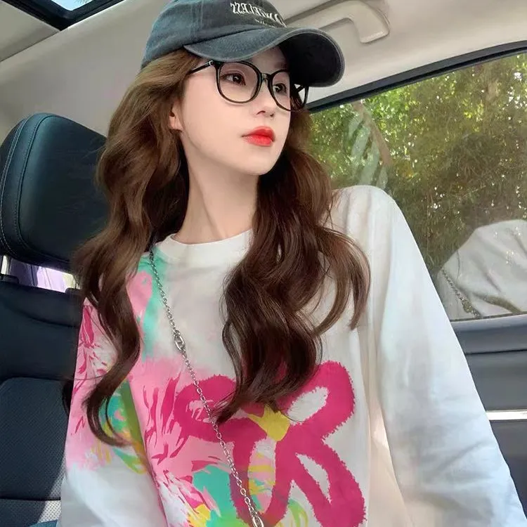 彩色花朵扎染长袖t恤女2025新款春秋打底衫设计感小众正肩上衣潮