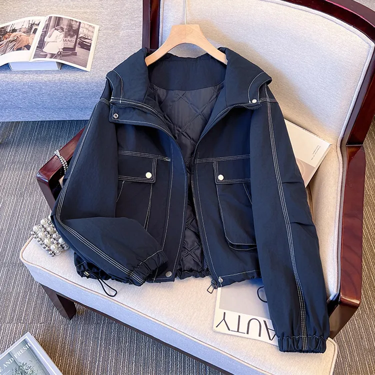 连帽短款冲锋衣女夹棉棉衣外套2025秋冬今年流行爆款宽松加厚棉服