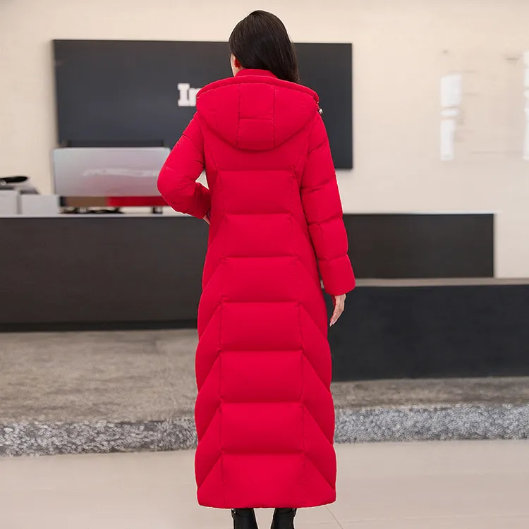 长款修身羽绒服到脚脖子羽绒大衣红色过年喜事时尚保暖加厚外套冬