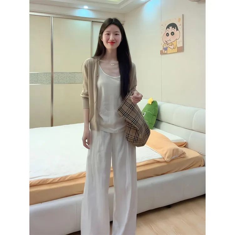 2025年春夏季新款针织开衫外套温柔慵懒风直筒宽松休闲垂感阔腿裤