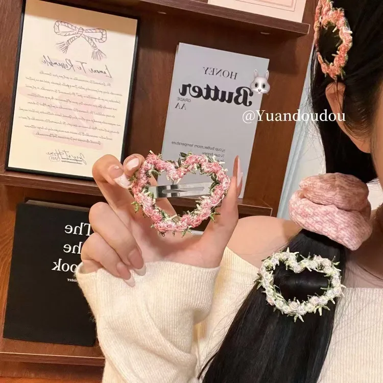 春夏氛围感爱心发夹边夹侧边粉色刺绣花朵水滴bb夹刘海夹发饰xkk