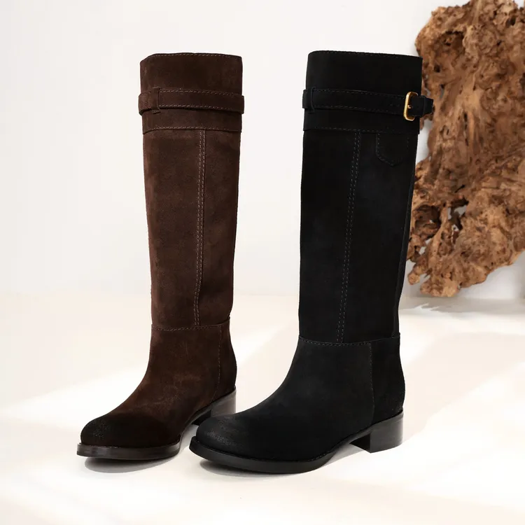 Inking Pot复古皮带扣粗跟长筒靴秋冬骑士靴圆头绒面女靴堆堆靴