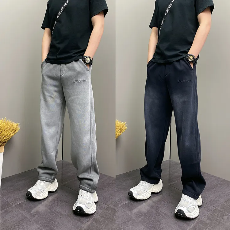 潮流高级感贴布绣加绒休闲裤男士2025秋冬新款潮牌扎染直筒运动裤