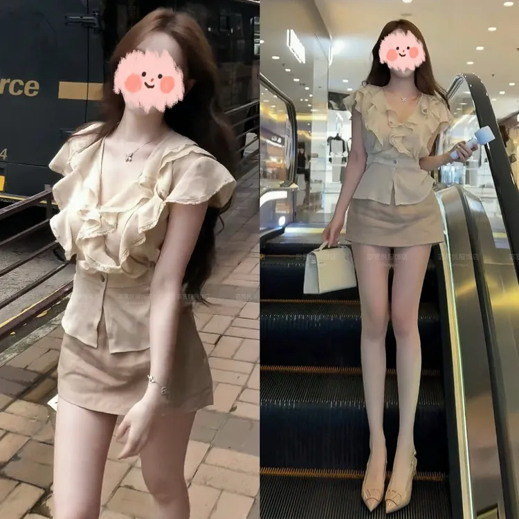 纯欲慵懒风女装2025夏季新款荷叶领复古收腰短袖上衣半身裙裤套装