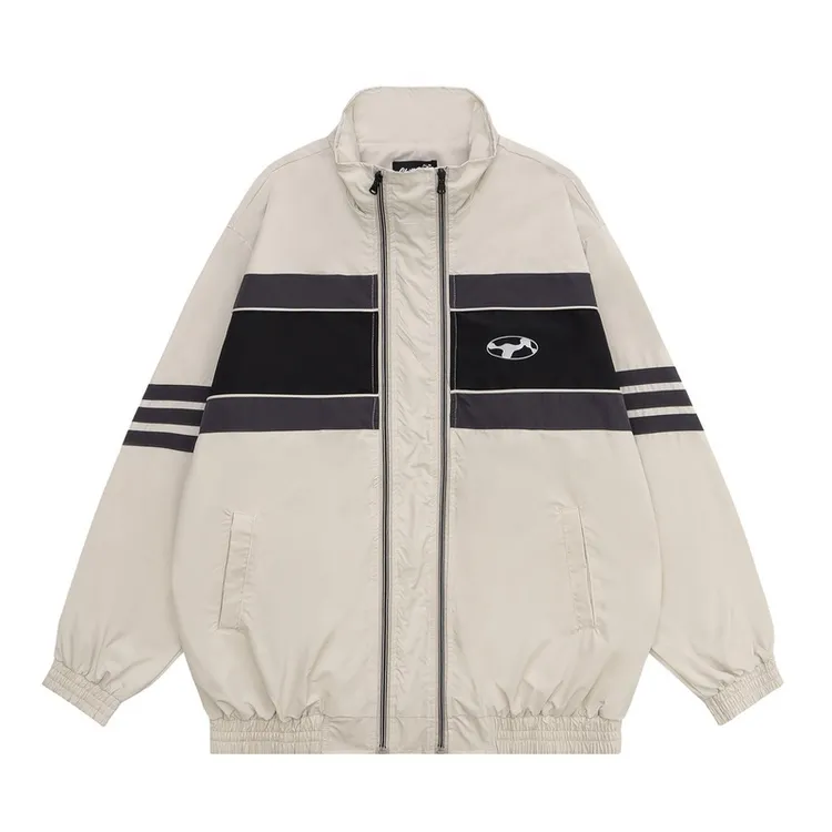 美式休闲潮流宽松运动拼接撞色立领风衣外套日系街头中性拉链开衫