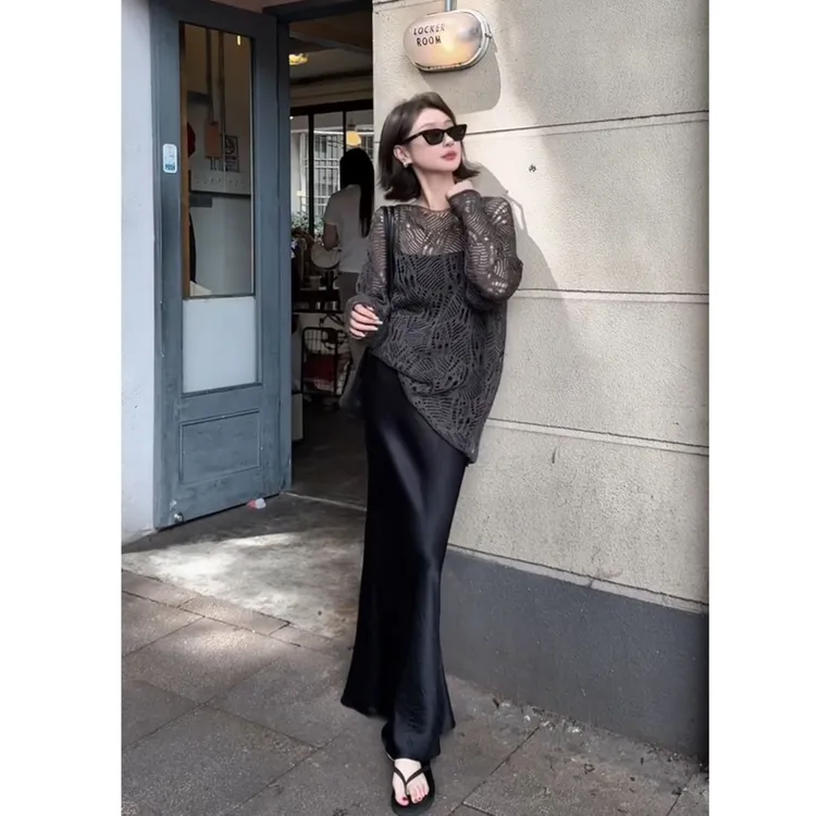 INS CEC高冷女神范慵懒风镂空防晒罩衫女时尚包臀鱼尾裙两件套