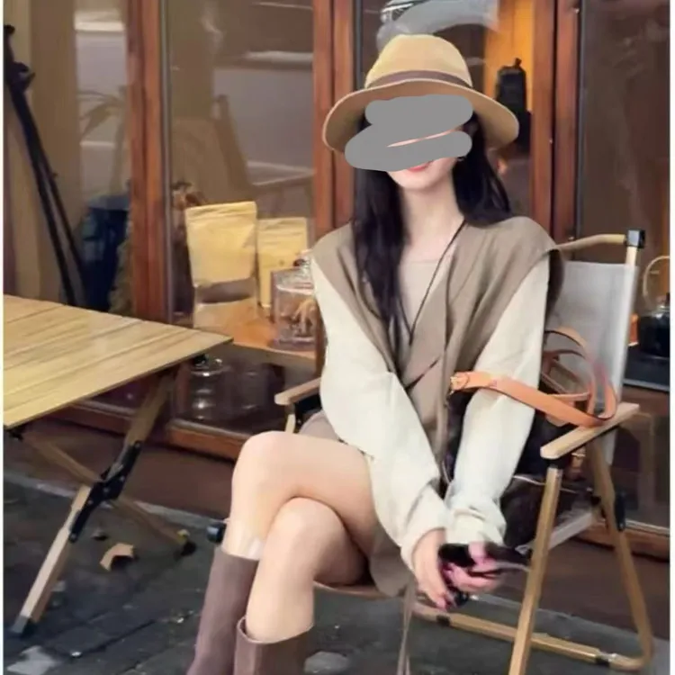 2025春季宽松显瘦马甲背心长袖针织打底上衣百搭皮短裤三件套装女