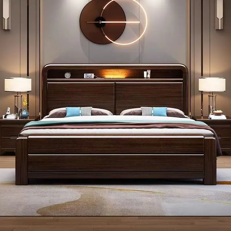 新中式现代紫金檀木主卧室家用气压高箱抽屉储物大床紫金檀色