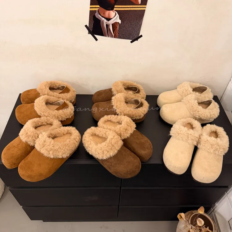 慵懒风勃肯棉拖鞋女外穿2025秋冬新款加绒一脚蹬毛毛包头半拖鞋潮
