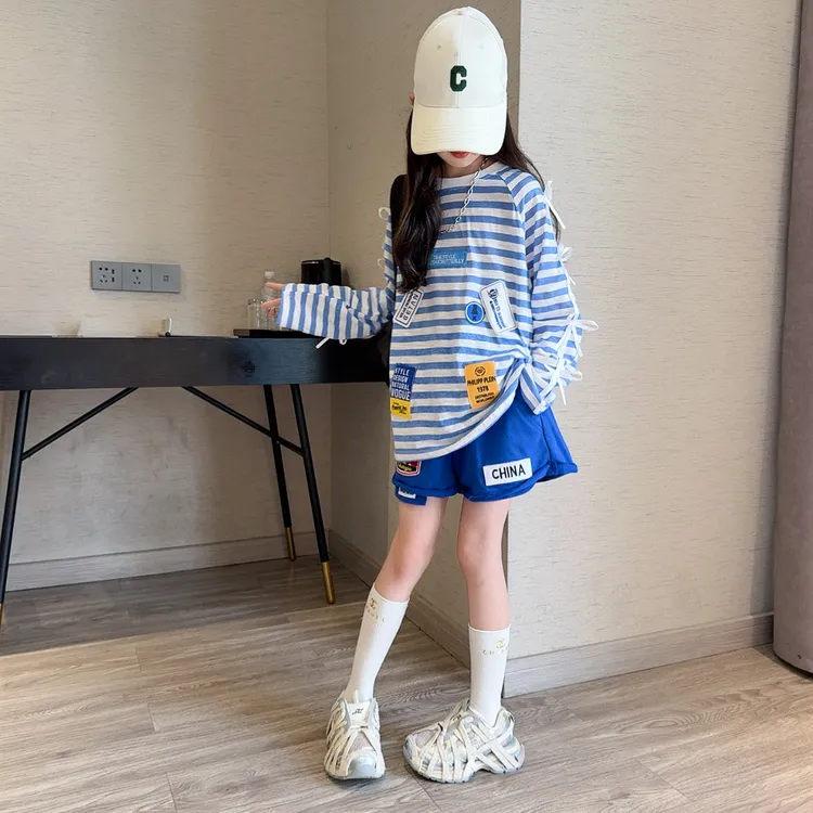 女童防晒衣套装2025年儿童贴标条纹长袖遮阳服女孩夏装短裤两件套