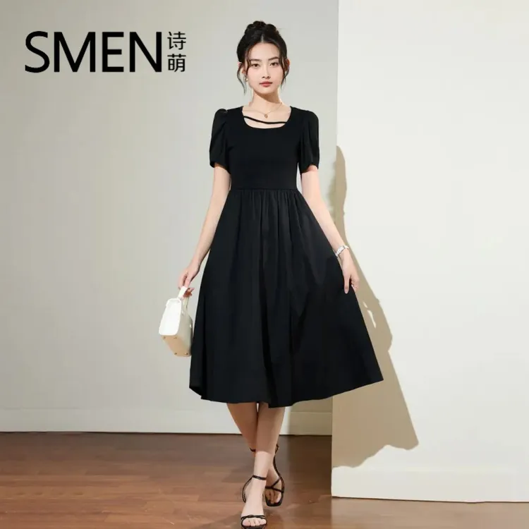 【专柜品质】法式高级感连衣裙2025夏季时尚收腰显瘦中长款小黑裙子