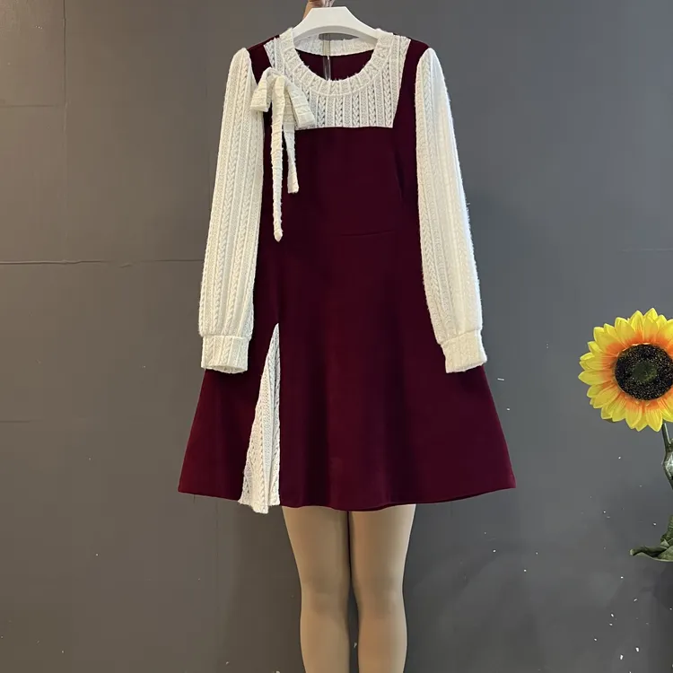 新款时尚法式高级感系带蝴蝶结拼接假两件气质显瘦中长款连衣裙