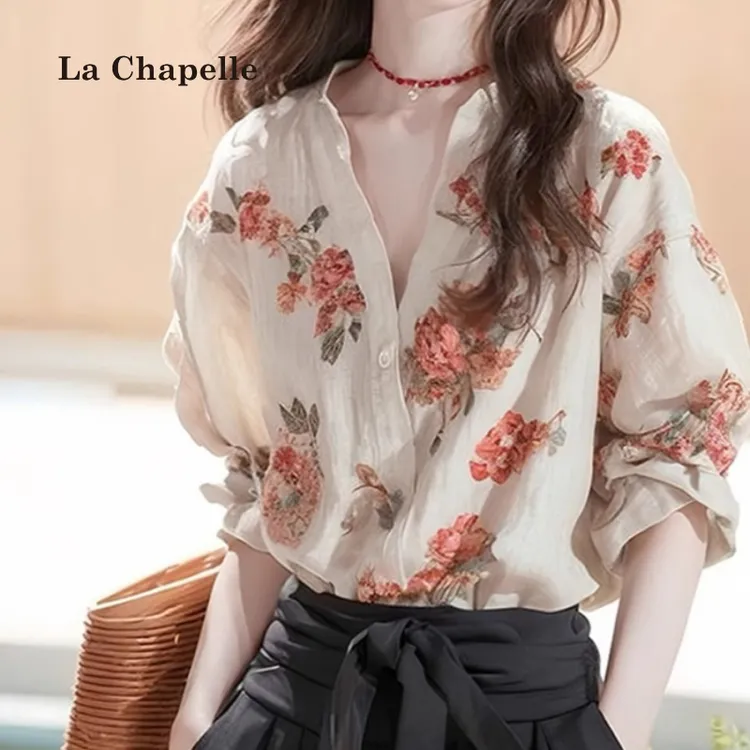 拉夏贝尔法式独特小上衣今年流行漂亮小衫春秋新款印花长袖衬衫女