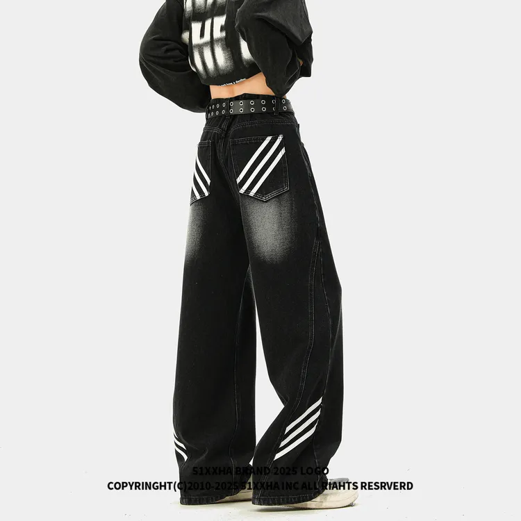 51嘻哈复古三条杠垂感直筒牛仔长裤男春季美式高街hiphop阔脚裤子