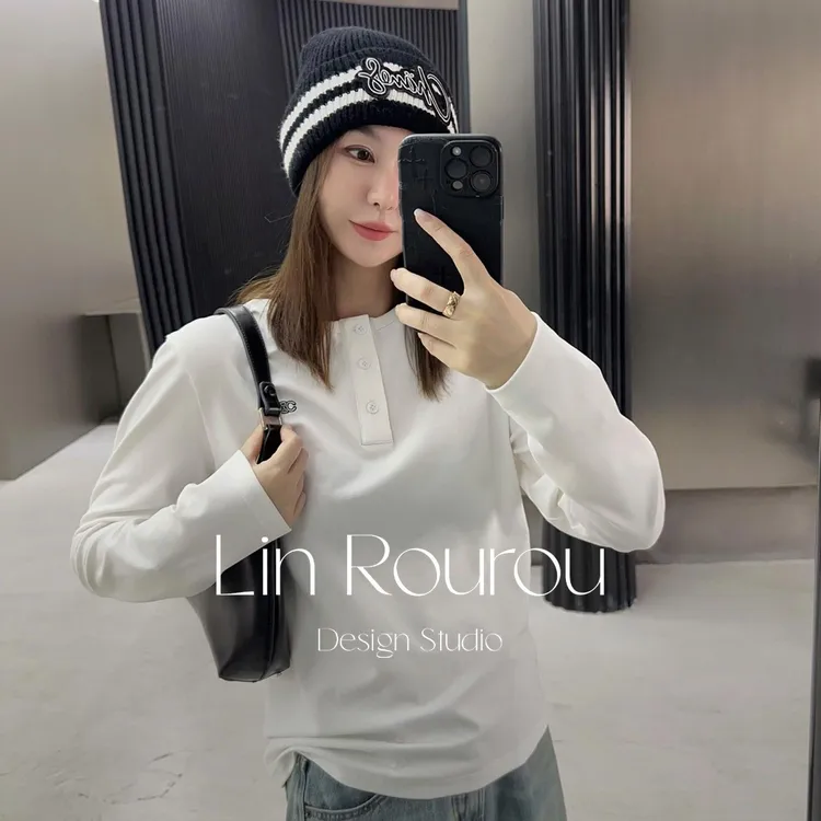 【Lin打底衫】CXEL59169轻奢高级感商务休闲百搭亨利领刺绣长袖女T