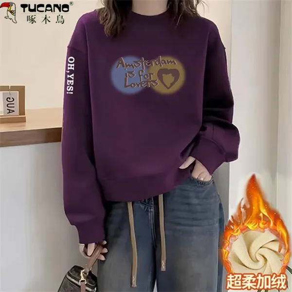 【啄木鳥】纯棉加绒加厚卫衣女秋冬新款韩版时尚圆领保暖显瘦长袖女