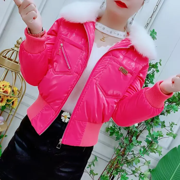 秋冬季亮面时尚百搭棉服短款高腰大毛领棉衣修身时尚气质女士外套