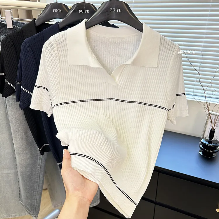2025夏季韩系POLO翻领小马刺绣条纹简约高级套头短袖针织衫上衣女