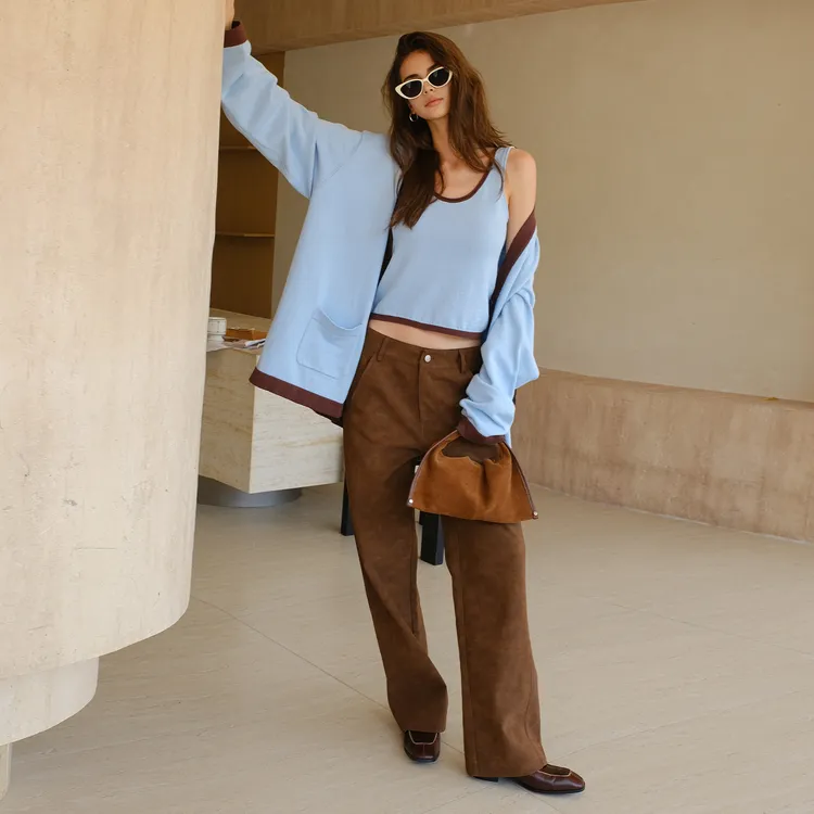 FRESH UP慵懒羊绒棉撞色针织开衫套装女宽松休闲松弛感背心两件套