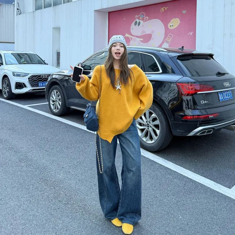 晶咕软软【芒果核】韩版套头设计感宽松简约慵懒风两穿针织毛衣