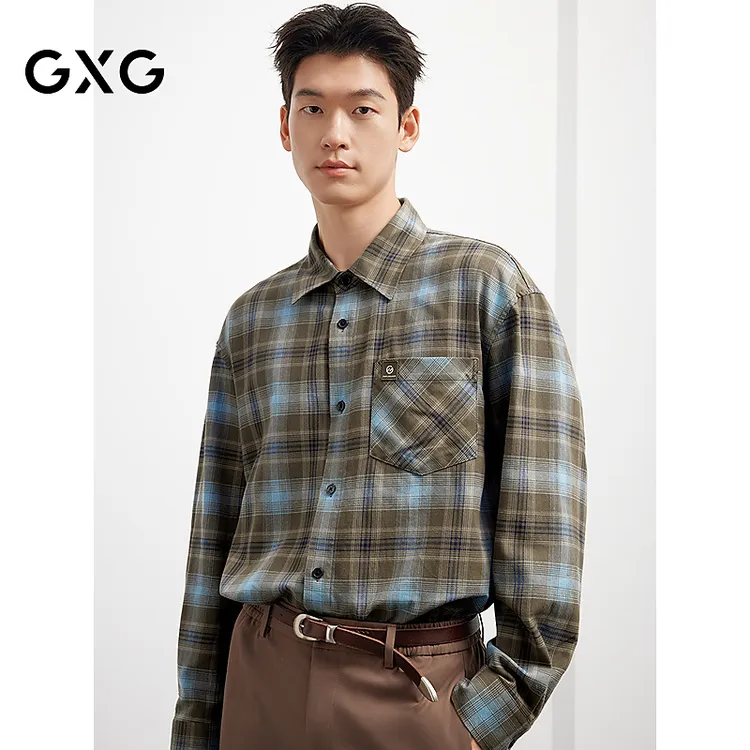 GXG男装 25年春秋季磨毛绒感格纹长袖衬衫情侣潮慵懒#G25D033029