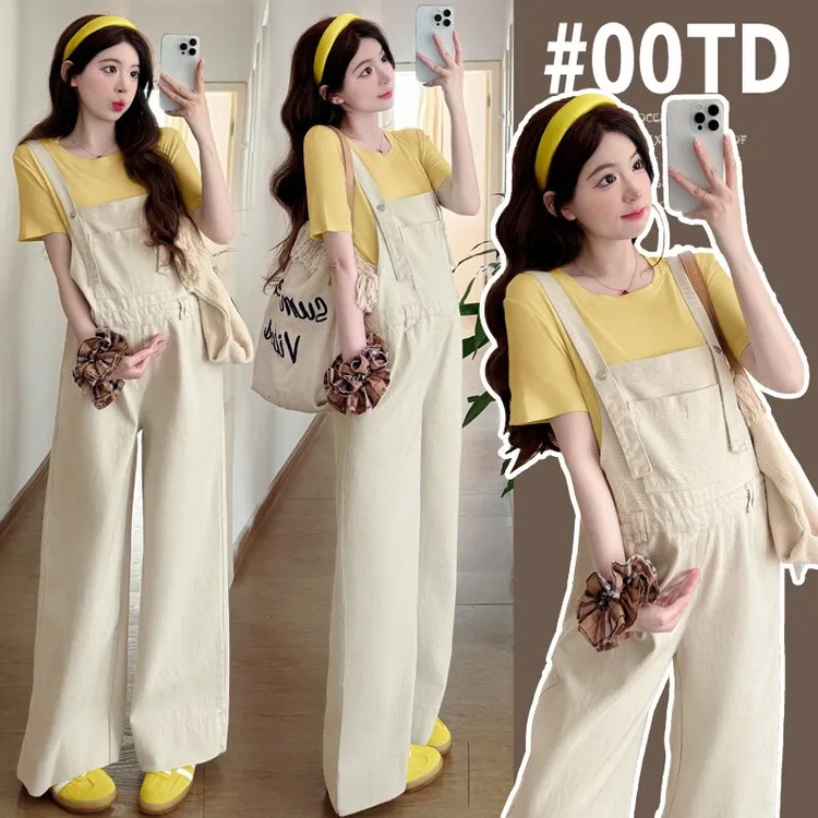 孕妇装夏装2025新款夏季外穿时尚洋气牛仔背带裤短袖上衣黄色长袖