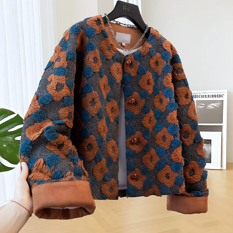 丝柏舍绵羊毛上衣2025冬装新款女撞色圆领宽松落肩外套S53B2430A