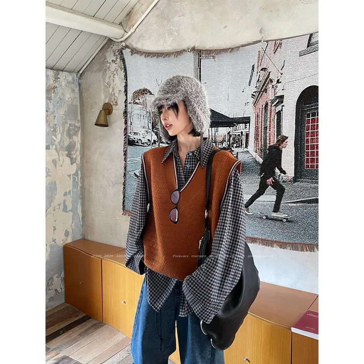 JCCC影子【甜橙挞】橘咖复古撞色V领叠穿无袖毛衣马甲JE5HZH10