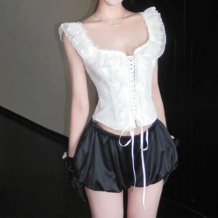 法式气质女神2025夏季新款绑带设计感性感收腰古蕾丝绑带上衣