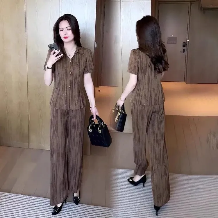 夏季新款大码时尚套装2025洋气显瘦气质短袖上衣宽松阔腿裤两件套