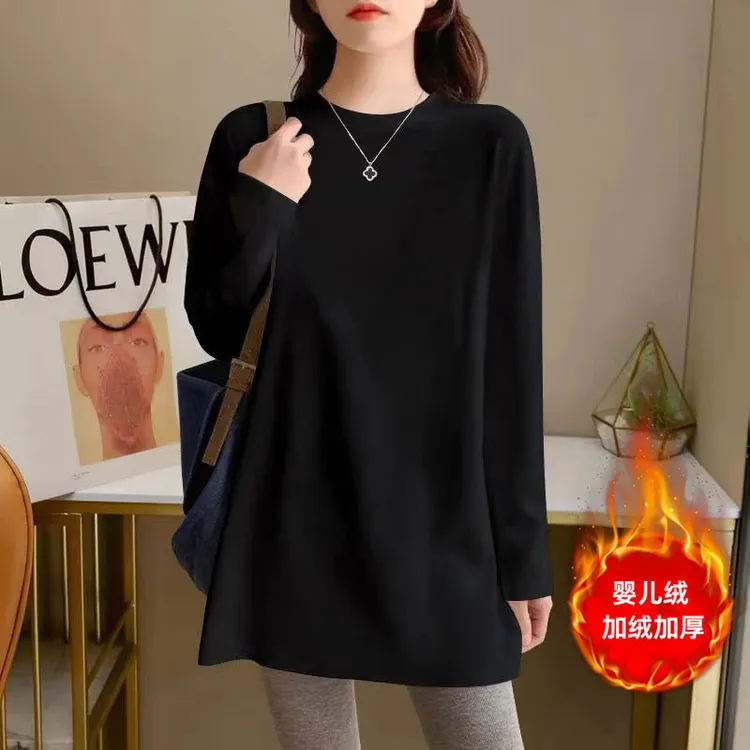 【加绒/不加绒】460克棉长袖t恤女大码宽松中长款盖屁股打底衫