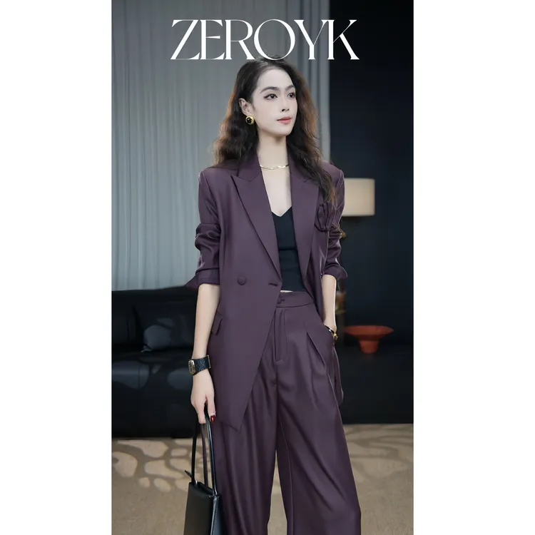 ZEROYK高级感纯色简约气质通勤职业正式高冷女神胸花腰带西装套装