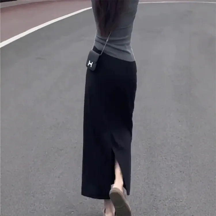 黑色针织包臀半身裙女秋冬加长款开叉直筒长裙子小个子超好看冬裙