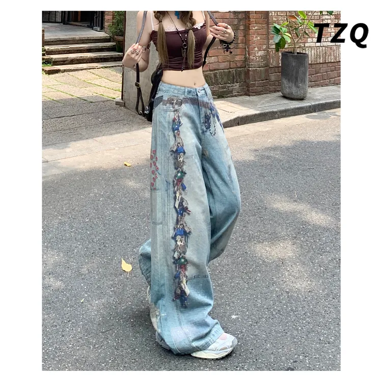 美式薄款印花牛仔裤女夏季新款梨形身材显瘦直筒阔腿裤TZQ2571503