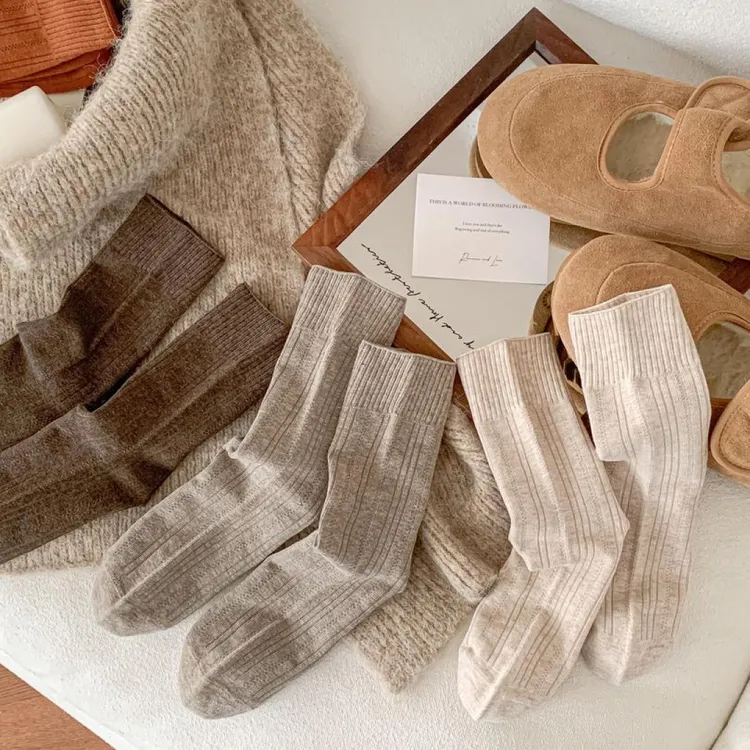 【六双】条纹高级感秋冬百搭ins韩系堆堆袜miu系简约纯色女袜中筒袜